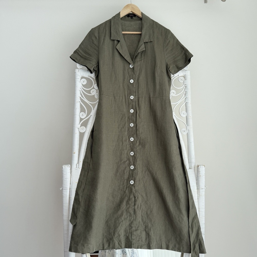Quince Dress Medium Green 100% European Linen Button Front Short Sleeve Midi